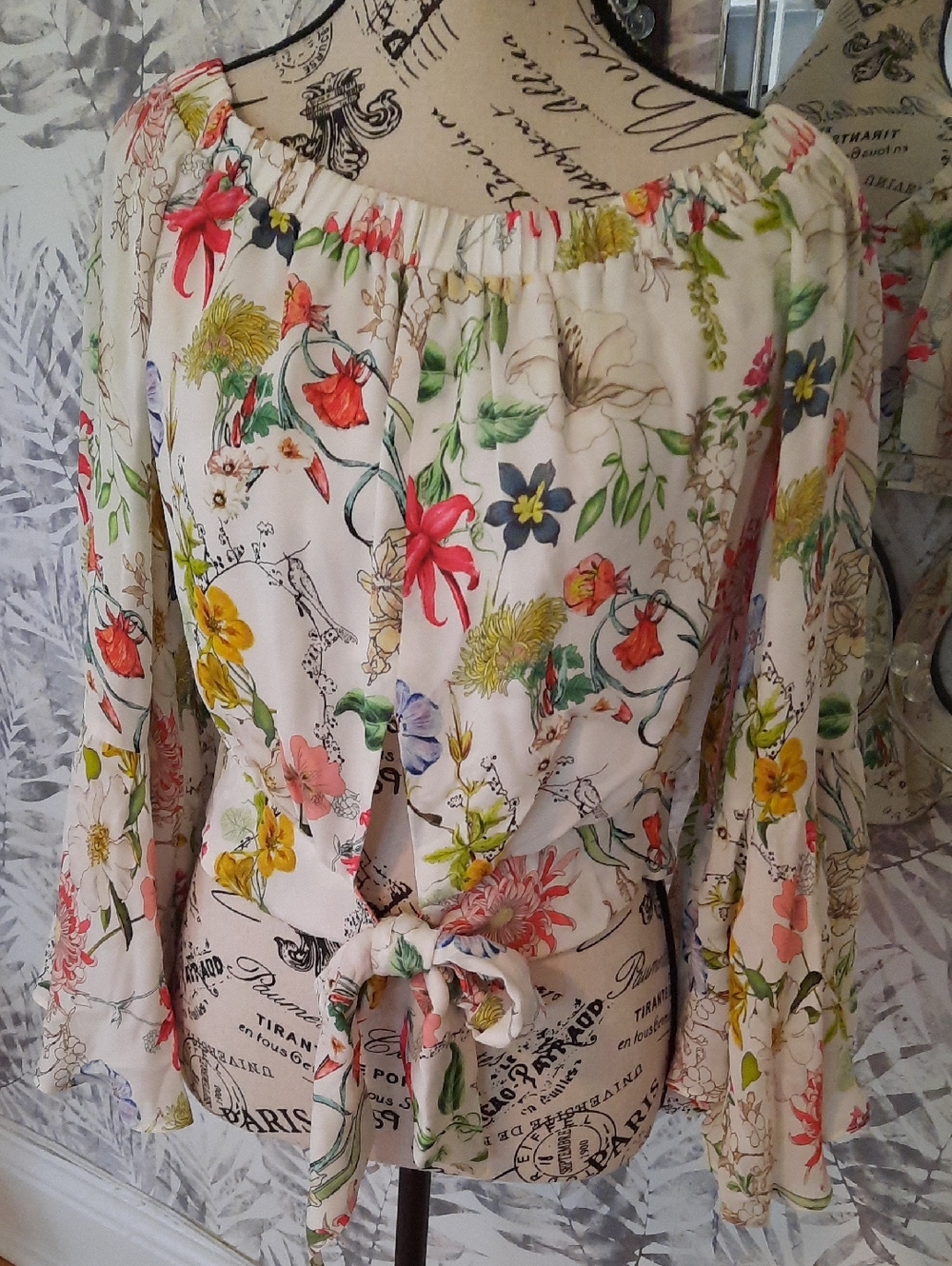 NWT Parker SILK White Floral Tie-Front Off-on Shoulder Blouse